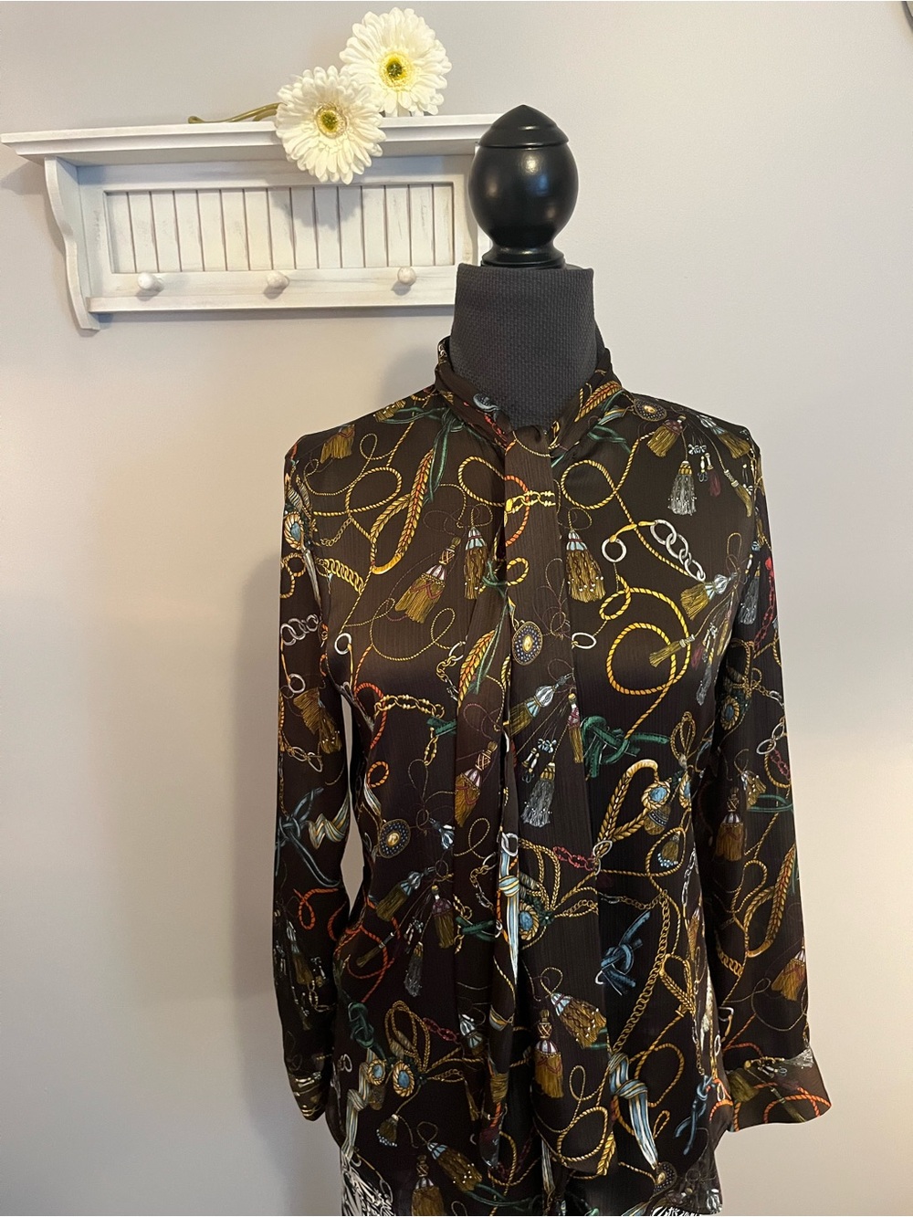 Zara tie-neck dark brown Satin Blouse with Gold & Green Tassel Print EUC